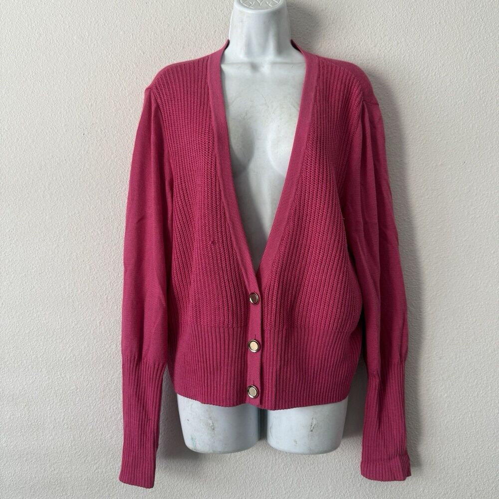 St. John Fuchsia Pink Wool Blend Ribbed Knit V-Neck Button Cardigan Sweater XL
